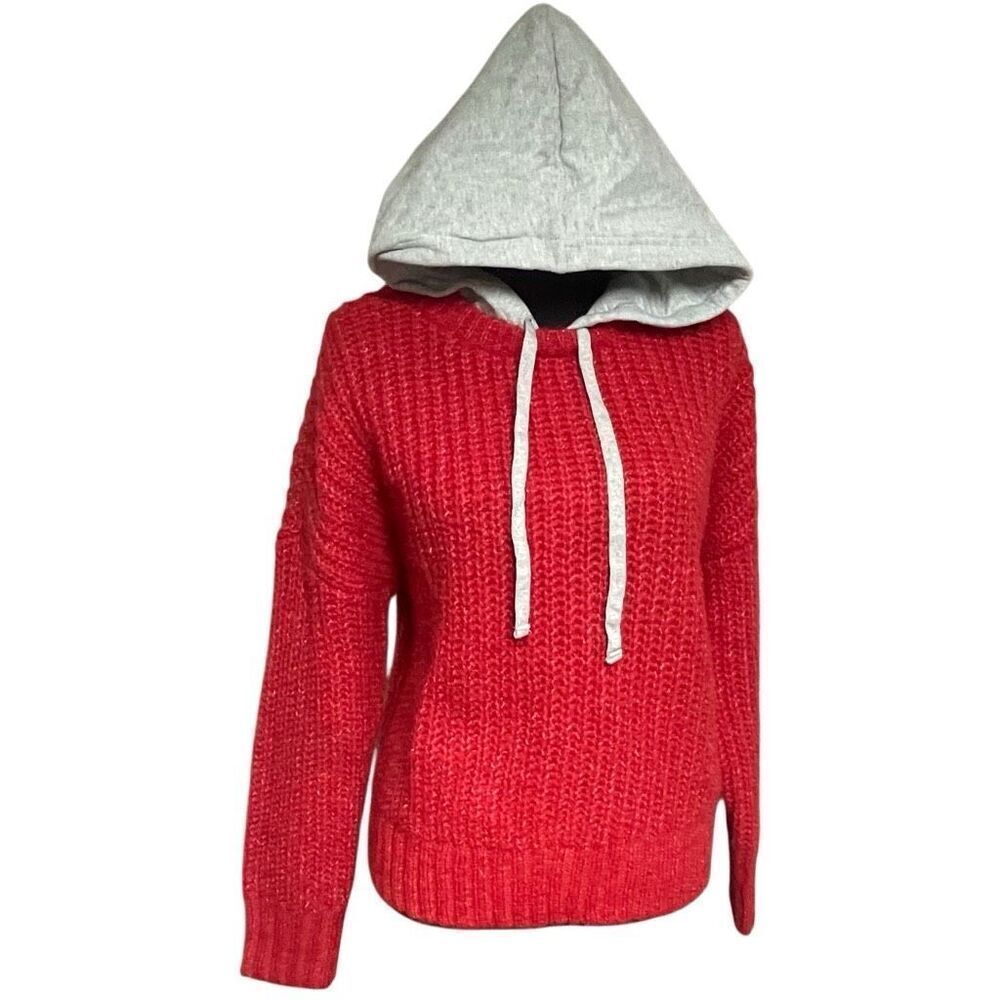 Aerie Offline Red and Gray Mixed Material Thick Knit Hoodie N0337 - Picture 2 of 8